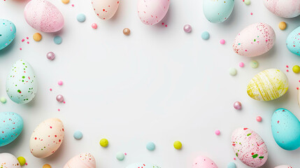Easter border frame with copy space in center. Colored easter eggs decorations. Generative AI