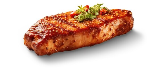 sliced grilled chicken meat with honey sauce white background