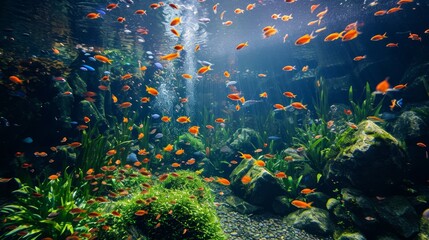 Aquatic green garden within an aquarium, a blend of aquatic plants, rocks, and fish, creating a serene and balanced underwater landscape.