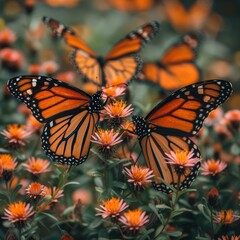 Obraz premium Beautiful monarch butterflies resting on a bed of flowers, representing transformation.