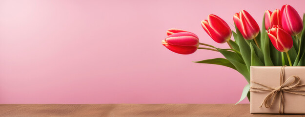 Tulips in Vase on Pink Background with Gift