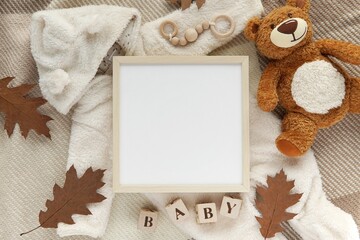 Pregnancy, baby coming announcement template, square wooden frame mockup, cozy fall flat lay...