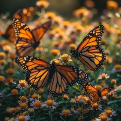 Fototapeta premium Beautiful monarch butterflies resting on a bed of flowers, representing transformation.