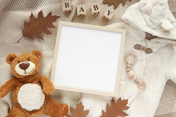 Pregnancy announcement template, baby coming, autumn composition, blank wooden frame mockup for...
