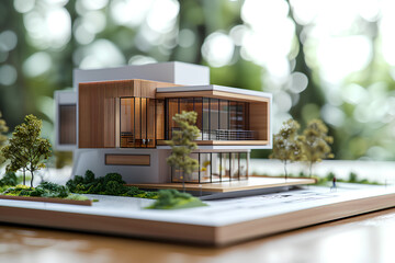 An illustration showcases a modern architectural residential model in a 3D rendering, emphasizing the architectural design concept. Laminated plans are scattered beneath, illuminated by natural light,
