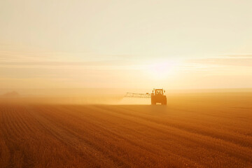 Fototapeta premium A tractor sprays insecticides on a wheat field. Spring agricultural landscape. In spring, a tractor sprays fertilizers and chemicals onto the soil. Farmer with tractor and agricultural sprayer