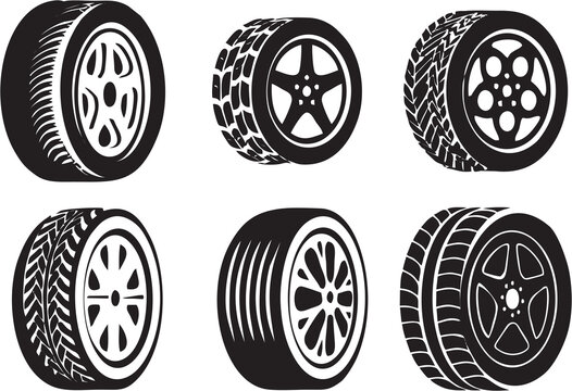 Wheel tires in 3d. Car tire tread track icons. Car and other vehicle wheel flat icons set. Multiple style Tyre and wheel for online gaming. High Quality images for printing purpose.
