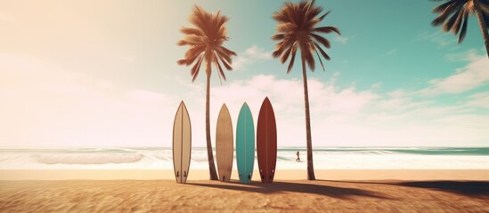 Surfboards and palm trees beach background