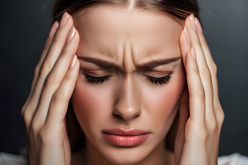 Fototapeta premium With her eyes tightly closed and hands gripping her temples, a woman displays an expression of intense pain, indicating a severe headache or chronic migraine.