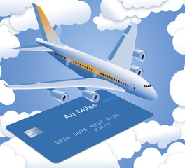 An air miles reward credit card is seen isolated on a blue background with an airliner in a 3-d illustration about frequent flyer rewards.