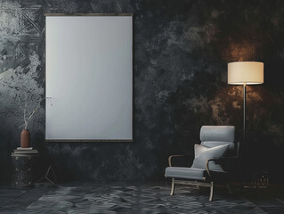 3d render of a blank poster in a sophisticated dark toned study