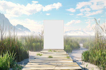 3d render of a blank poster on a boardwalk over a marshland with a distant mountain view
