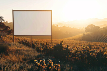 3d render of a blank poster on a hill overlooking a vineyard during the golden hour