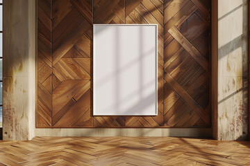 3d render of a blank poster on a wall with herringbone wood paneling
