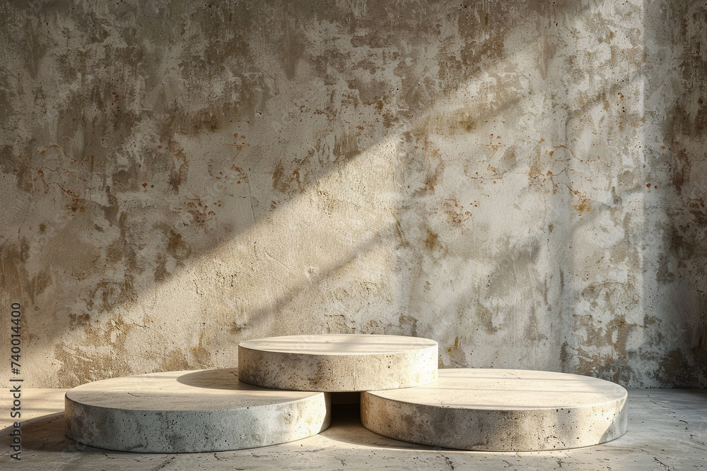 Poster 3d render of a concrete podium with a soft warm light casting shadows