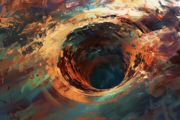Craft an abstract piece capturing the essence of a hole as a portal to an abyss of mystery and wonder - obrazy, fototapety, plakaty