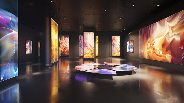 3d render of a digital art gallery showcasing interactive immersive exhibits