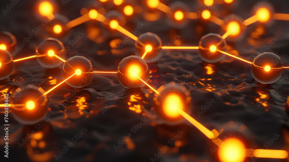 Poster 3d render of a glowing molecular structure with neon links on a dark background