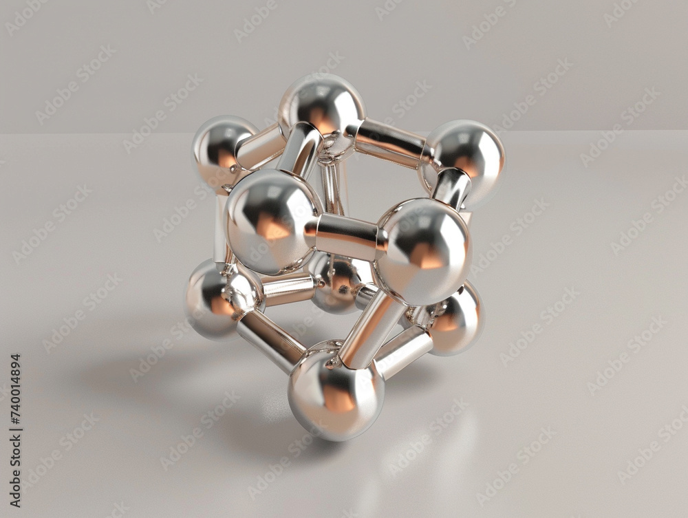 Poster 3d render of a metallic molecule model with reflective surfaces