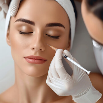 Young beautiful woman receiving Botox injection to reduce wrinkles in a modern beauty clinic. Professional approach of a medical specialist. Aesthetic medicine. Rejuvenation and beauty procedure