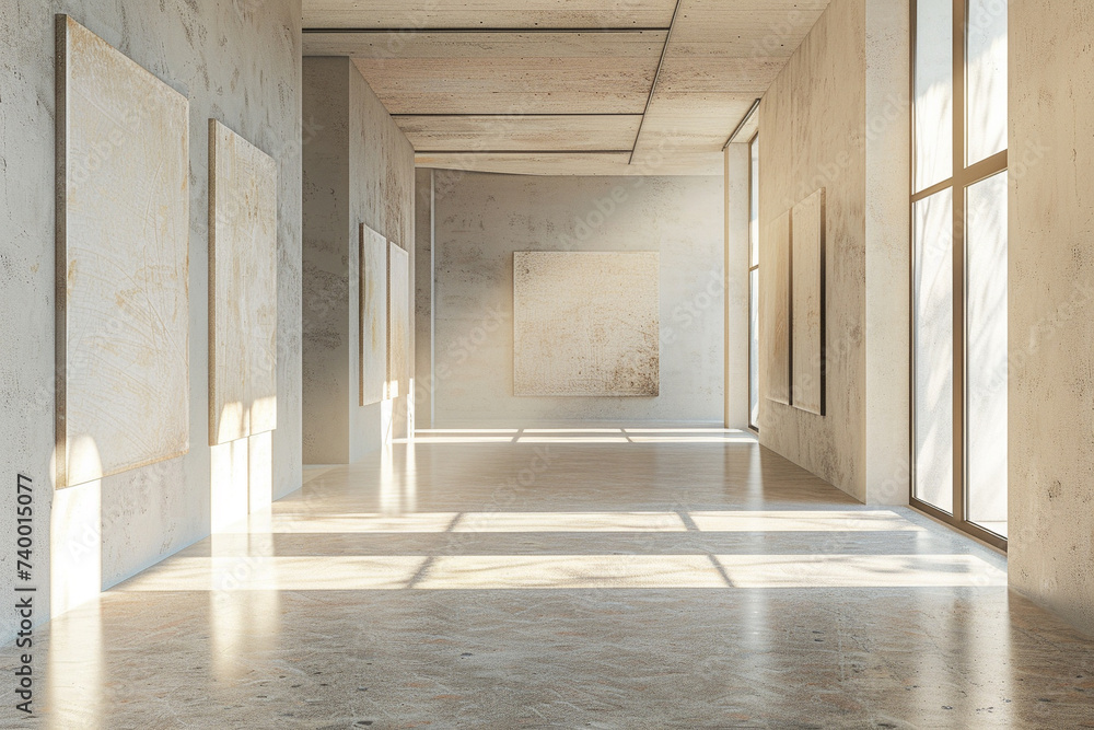 Poster 3d render of a minimalist open space gallery with natural lighting