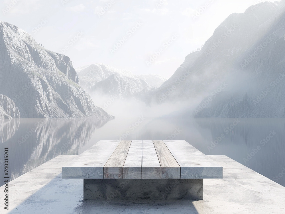 Poster 3d render of a minimalist stand with a backdrop of a serene alpine lake