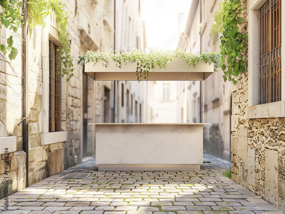 Poster 3d render of a minimalist stand with a backdrop of a quaint cobblestoned alleyway