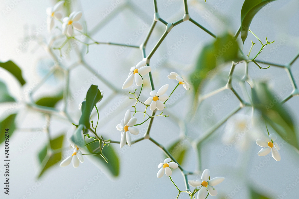 Poster 3D render of a molecule as a network of vines with leaves and flowers