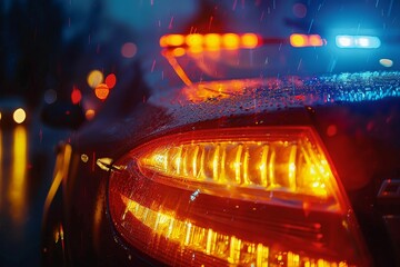 Under the dark night sky, the fiery red and warm amber automotive lights illuminate the sleek curves of a powerful land vehicle, ready to take on the open road