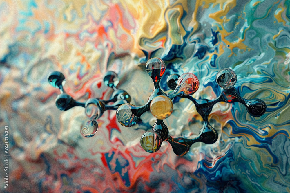 Poster 3d render of a molecule in an impressionist painting style with visible strokes