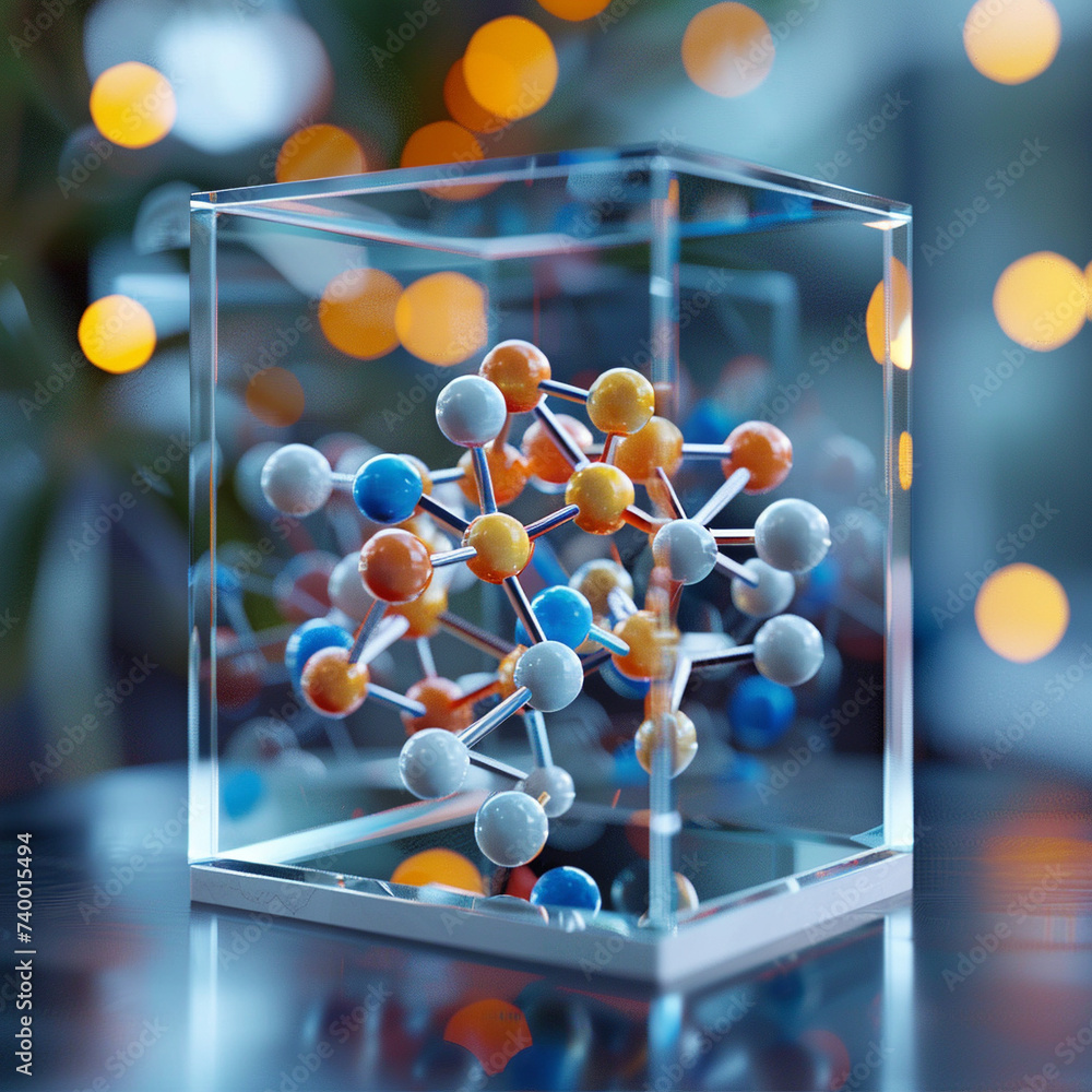 Poster 3d render of a molecule model inside a transparent glass cube