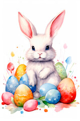Painted cute Easter bunny on a white background with painted eggs.