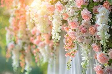 Row of White and Pink Flowers Hanging From a Wall