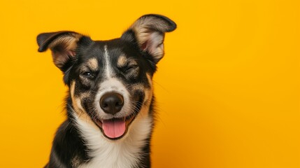 A banner with a happy black mongrel dog with tongue hanging out on a yellow background. Horizontal...