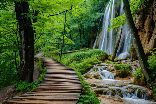 the wooden path goes into the woods with waterfalls beside it. view of footbridge in forest