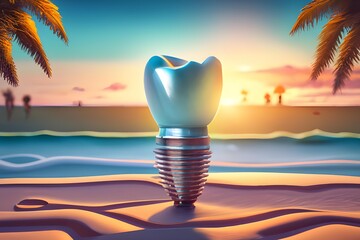 3D render of a shiny, precisely textured dental implant, background depicting a relaxing weekend vibe - obrazy, fototapety, plakaty