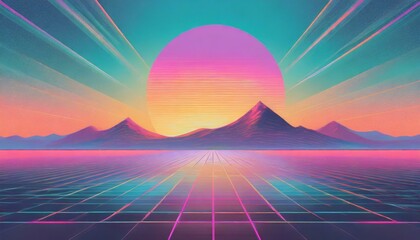 Retro sun in 80`s style. Vaporvave, retrowave, synthwave futuristic background with sunset. Trendy design for sci-fi, cyber abstract poster, print. Abstract pastel holographic blurred grainy gradient - obrazy, fototapety, plakaty