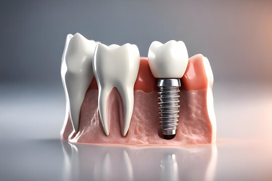 3D render of a shiny, precisely textured dental implant, background depicting a relaxing weekend vibe