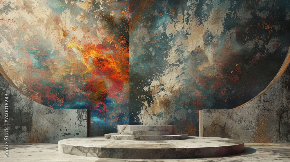 Poster 3d render of a podium with a backdrop of an expansive abstract painting
