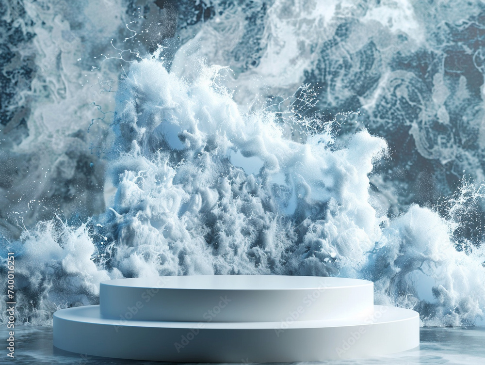 Poster 3d render of a podium with a backdrop of dynamic flowing water