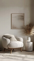 3d render of a portrait poster next to a chic modern reading nook