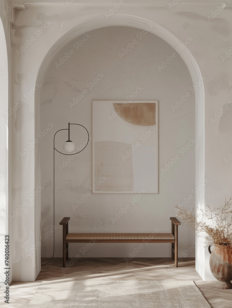 Poster 3d render of a poster in a clean minimalist entryway with a statement light fixture