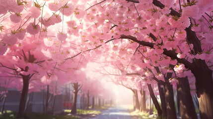 Cherry blossoms in full bloom create a soft and dreamy atmosphere - obrazy, fototapety, plakaty