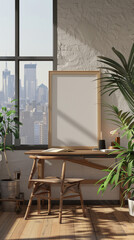 3d render of a poster frame in a minimalist home office with a city view