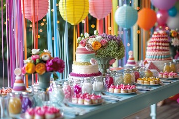 Naklejka premium A whimsical display of delectable desserts and vibrant floral arrangements adorn the party table, creating a stunning centerpiece for a birthday celebration or wedding reception