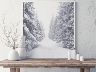 3d render of a poster mockup with a backdrop of a peaceful frozen lake in winter