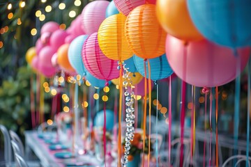 Vibrant party balloons dance in the warm outdoor light, illuminating the festive lanterns on the...