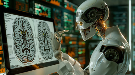 3d render of a robot conducting groundbreaking research on the human brain - obrazy, fototapety, plakaty