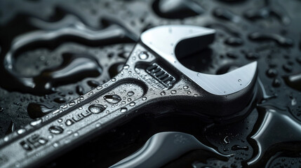 Wrench on wet black background. Shallow depth of field.