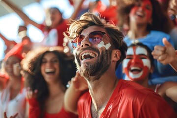 Fototapeta premium A vibrant group of individuals adorned with painted faces and beaming smiles, dressed in festive clothing, gather together outdoors at a red-themed festival